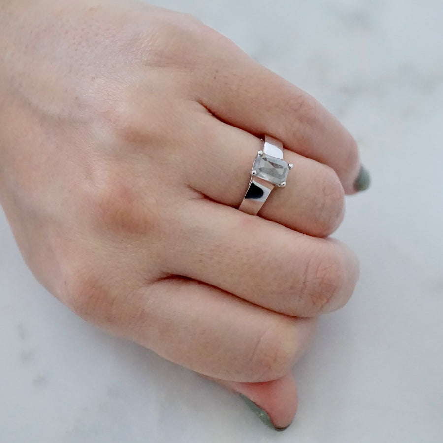 Emerald Cut Salt and Pepper Diamond Ring 14k White Gold - Emerald Cut Diamond Ring