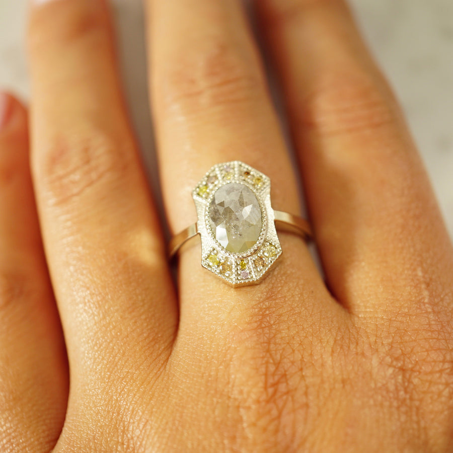 Grey Diamond Halo Ring - Unique Grey Oval Rose Cut Diamond Ring - Multi-Color Diamond Halo Ring