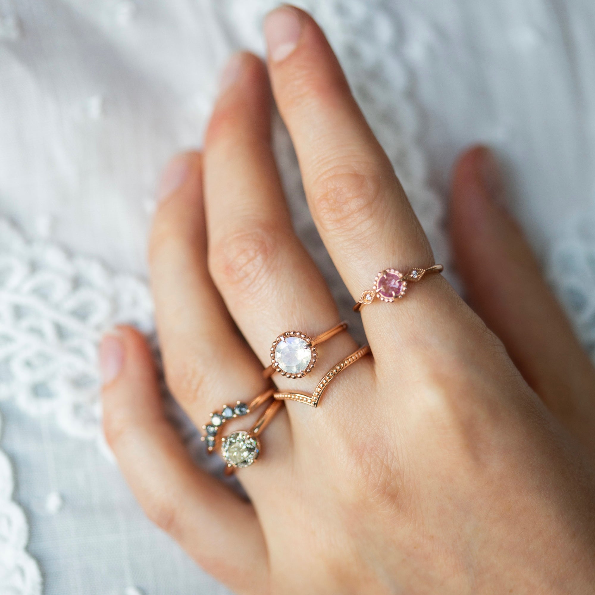 Moonstone Engagement Ring, Rainbow Moonstone, Diamond Cut, Natural Moo –  Adina Stone Jewelry