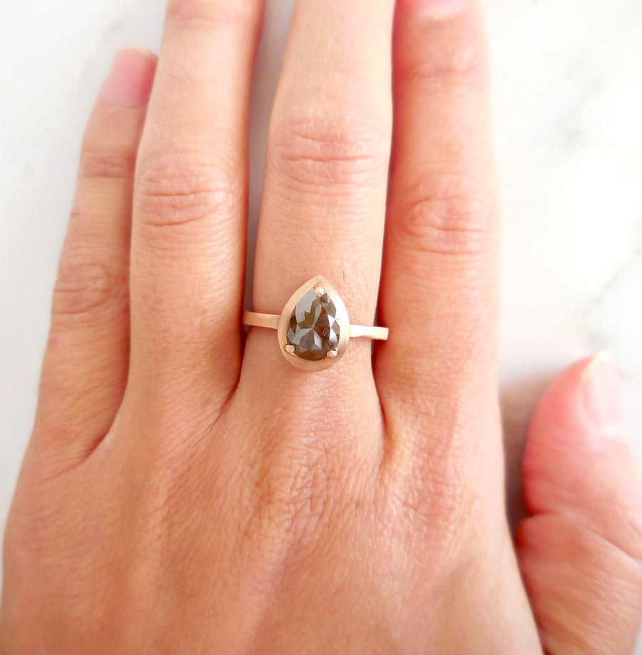 Brown Pear Diamond Engagement Ring - Rose Gold Engagement Rings - Rose Cut Ring Size 6 1/2