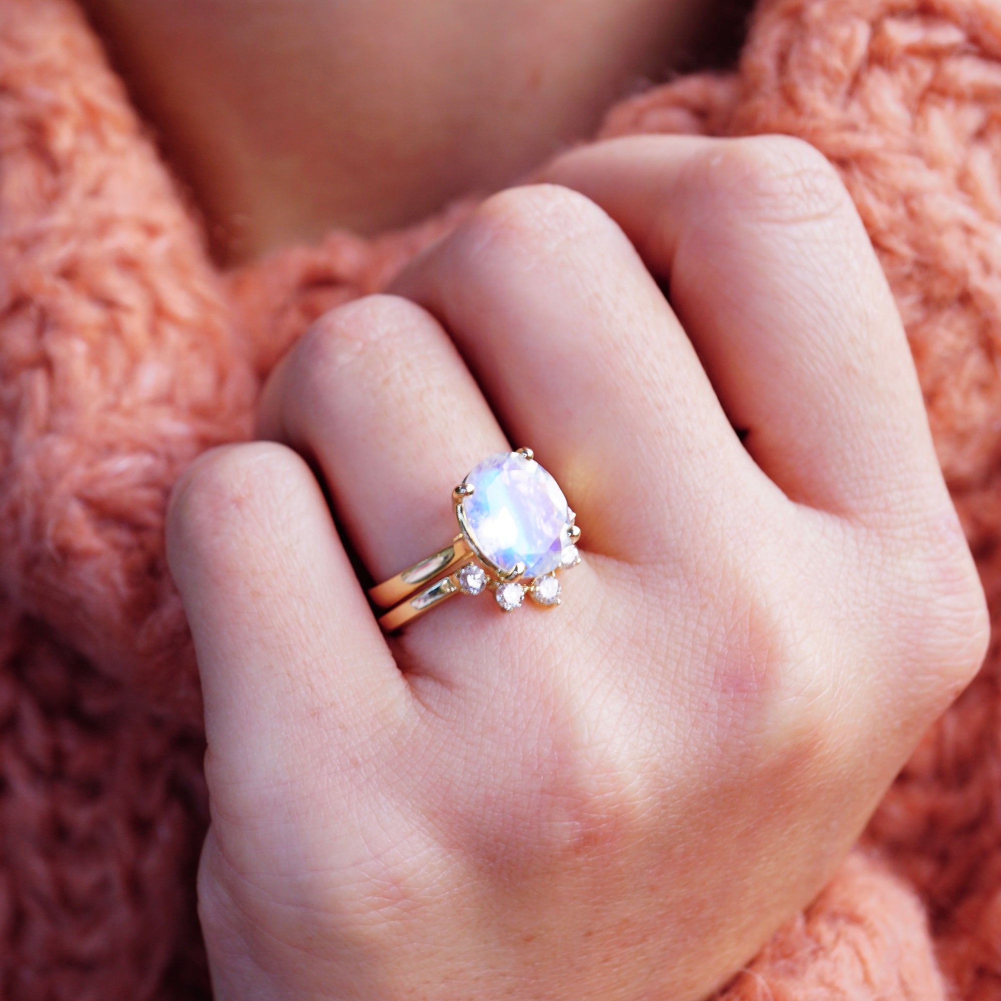 Square Moonstone Engagement Ring with Plain Gold V Ring - Abhika Jewels
