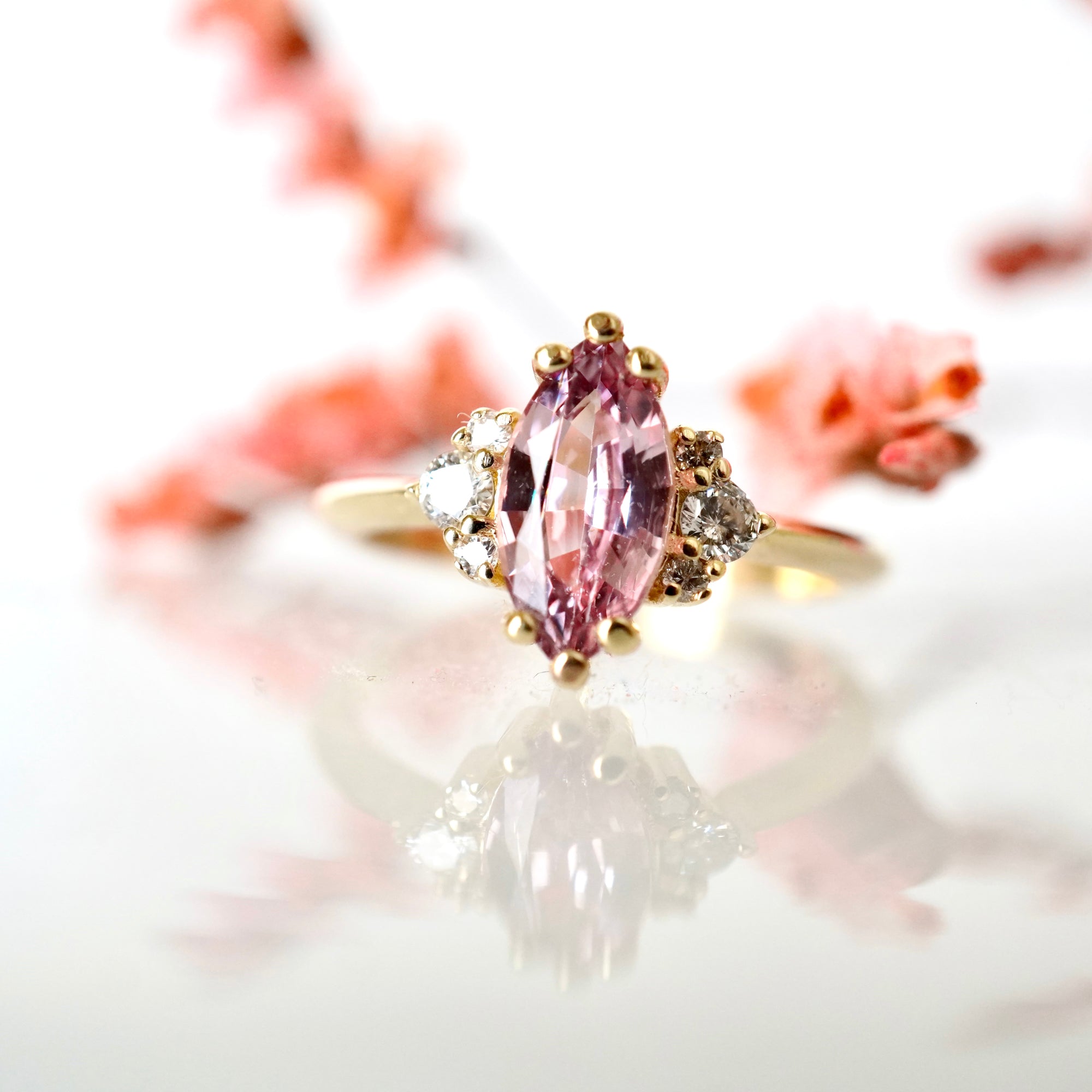 Light Pink Sapphire Ring, Sideways Cluster Ring Rose Gold, Pink Sapphire  Engagement Ring in 18k Rose Gold, Sapphire Diamond Ring 