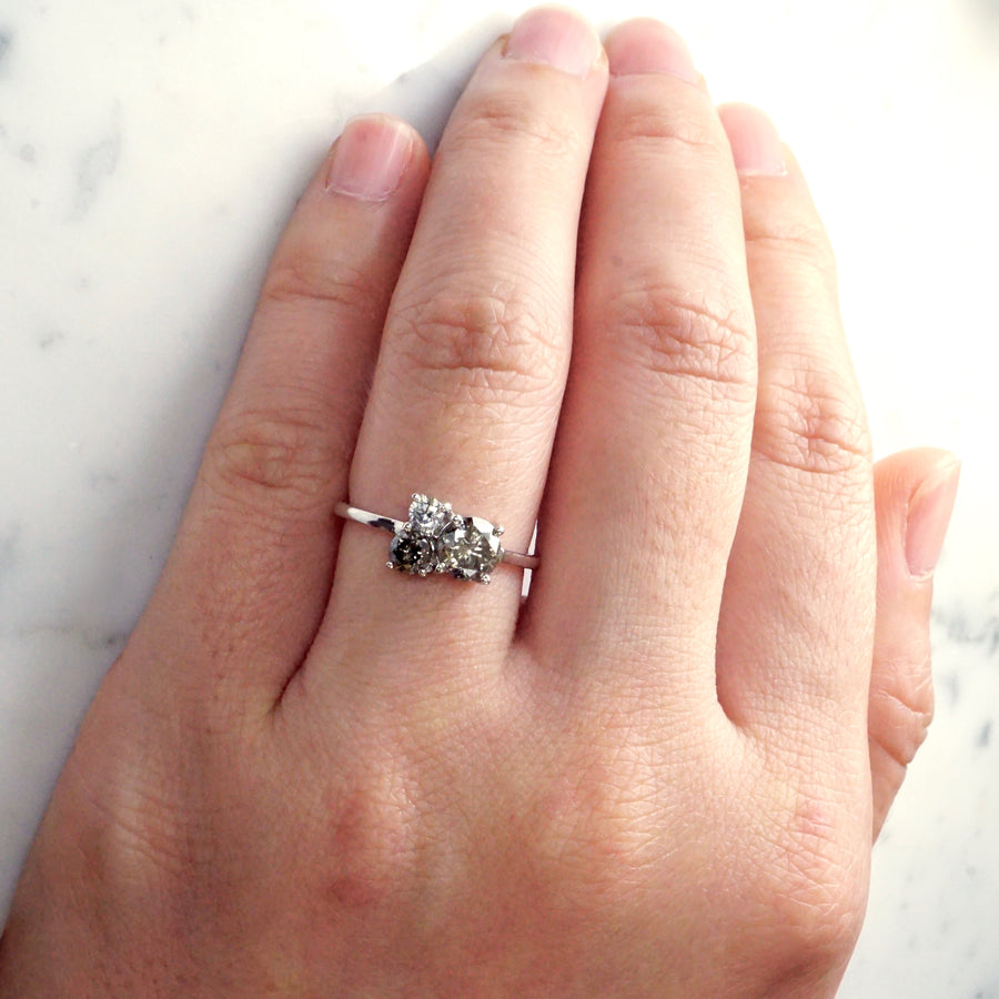 Salt And Pepper Diamond Cluster Ring - Diamond Cluster Engagement Ring - Three Stone Diamond Engagement Ring