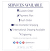 Services Available, Custom Orders, Payment Plans, Rush Order, Free Domestic Shipping, International Shipping, Engraving Black Ring Box Gold Jewelluxe Mark Logo