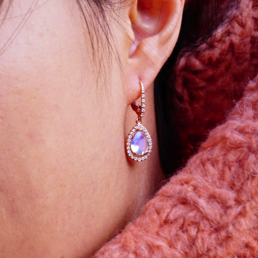 Moonstone and Diamond Halo Dangle Earrings - Pear Moonstone Diamond Earrings - Womens Moonstone Earrings