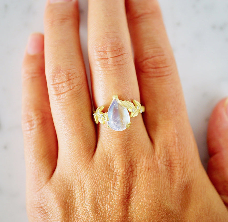 Pear Moonstone Diamond Ring - Unique Moonstone Ring - Moonstone Pear Cabochon Diamond Engagement Ring