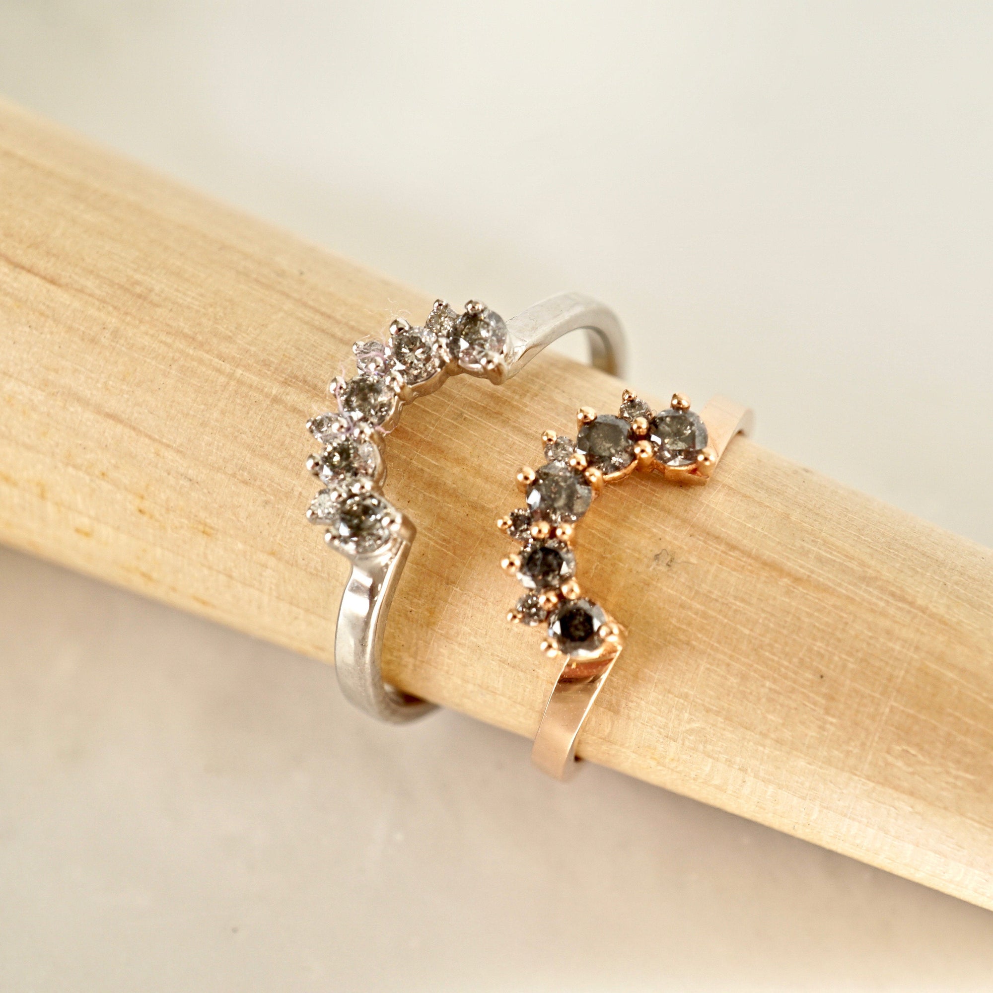 Salt and Pepper Diamond Ring Rose Gold Deep Curved Wedding Band Set