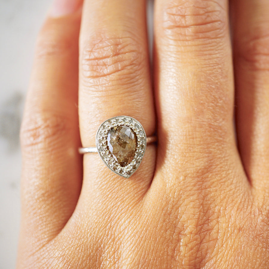 Pear Shaped Engagement Ring - Rustic Diamond Engagement Ring - Silver Diamond Ring - Affordable Diamond Ring